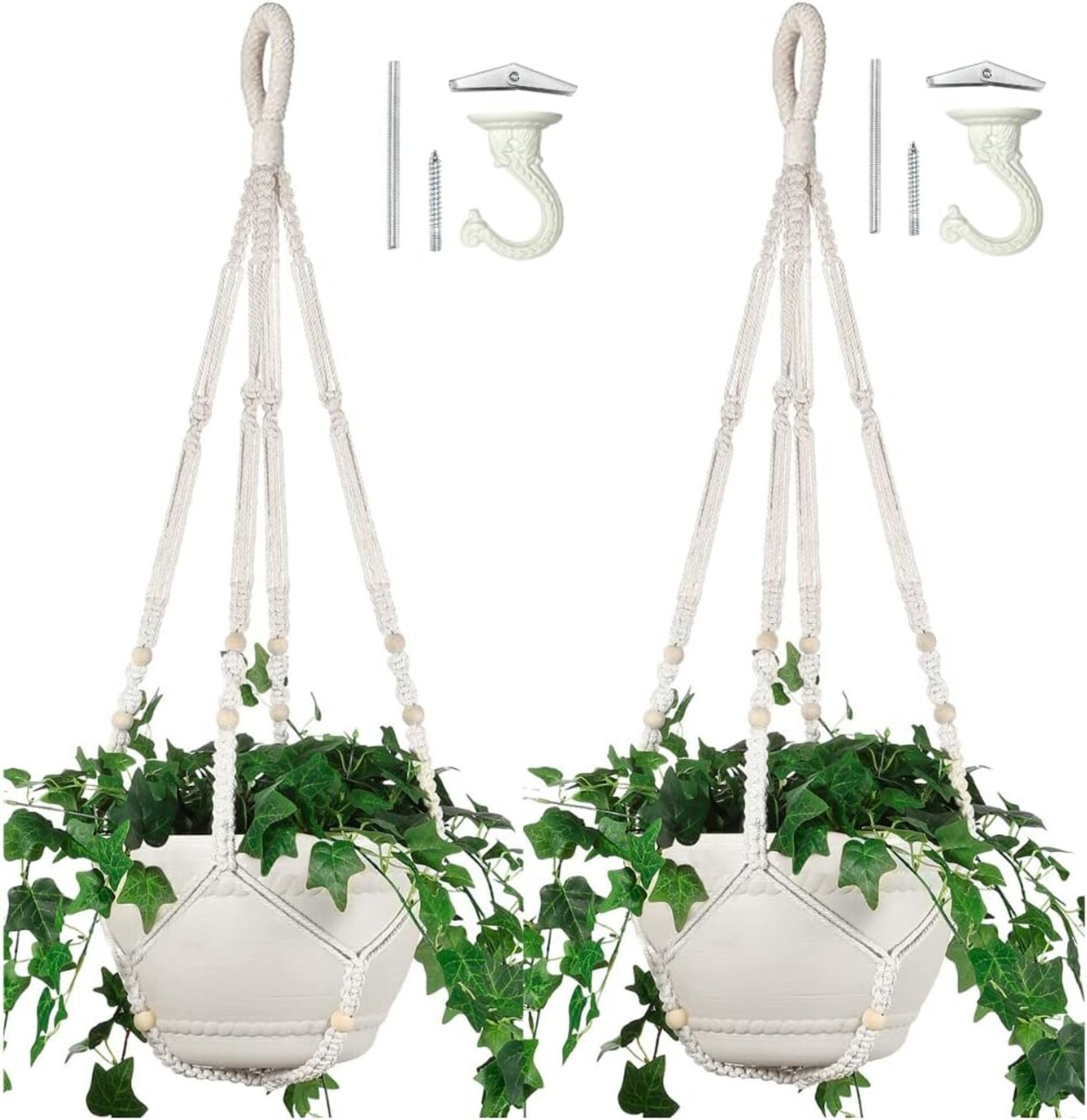 2 Pack 43 Inches Macrame Planter Hanger Large for 12 inch Pot + Swag Hook (Ivory)